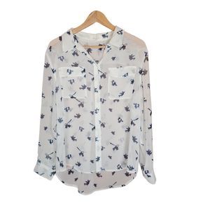 Vince Camuto Sheer white & Blue Bird Pattern Long sleeve women's shirt Medium